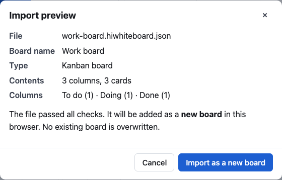 Import preview dialog showing a Kanban backup named Work board: 3 columns and 3 cards, with the button Import as a new board.