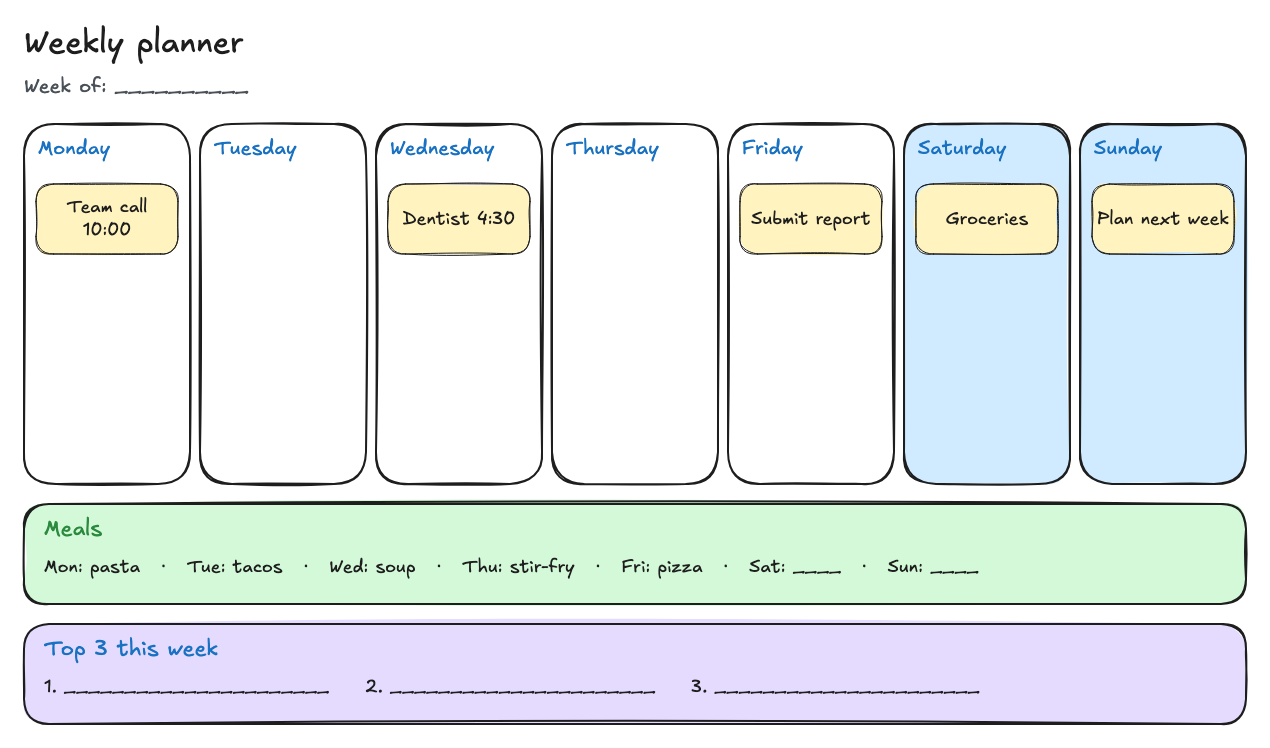 Weekly planner whiteboard with seven day columns and sample notes such as Team call 10:00 and Dentist 4:30, a green meals row, and a purple top 3 priorities box.